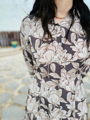 Mocha Vintage Floral Button Front Dress