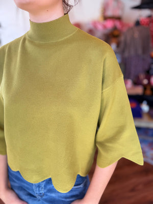Entro Martini Olive Mock Neck Scallop Hem Sweater