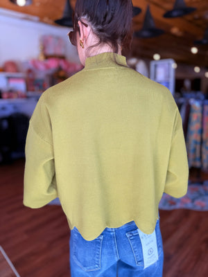 Entro Martini Olive Mock Neck Scallop Hem Sweater