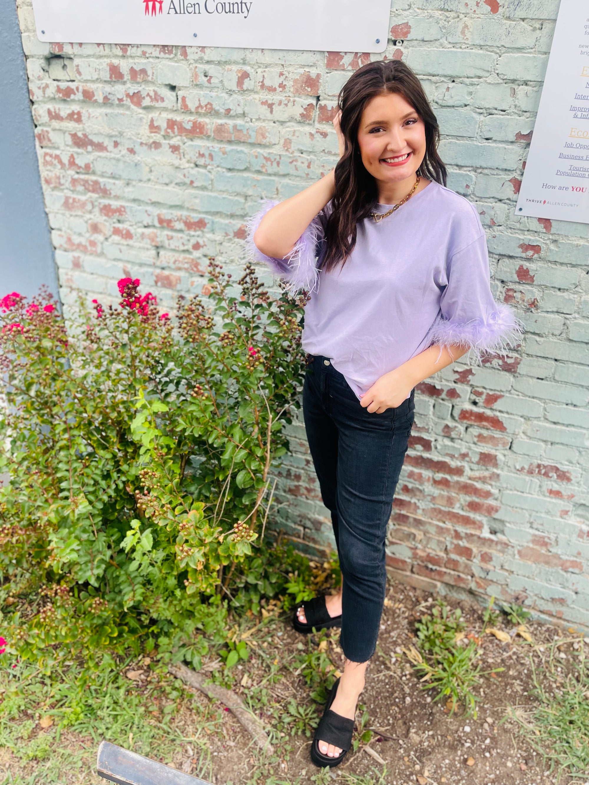 Lilac Washed Cotton Top w/ Faux Feather Hem