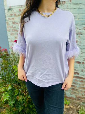 Lilac Washed Cotton Top w/ Faux Feather Hem