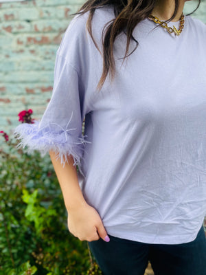 Lilac Washed Cotton Top w/ Faux Feather Hem