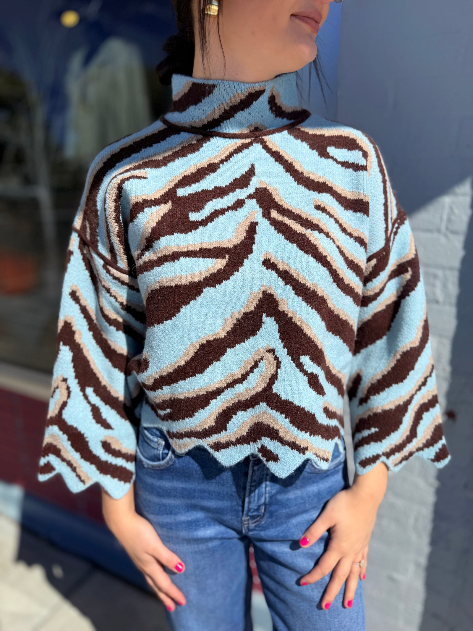 Entro Light Blue Zebra Print Mock Neck Sweater w/ Scallop Hem