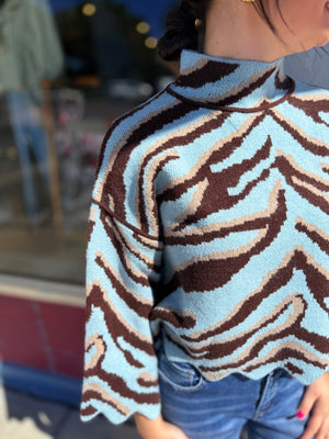 Entro Light Blue Zebra Print Mock Neck Sweater w/ Scallop Hem