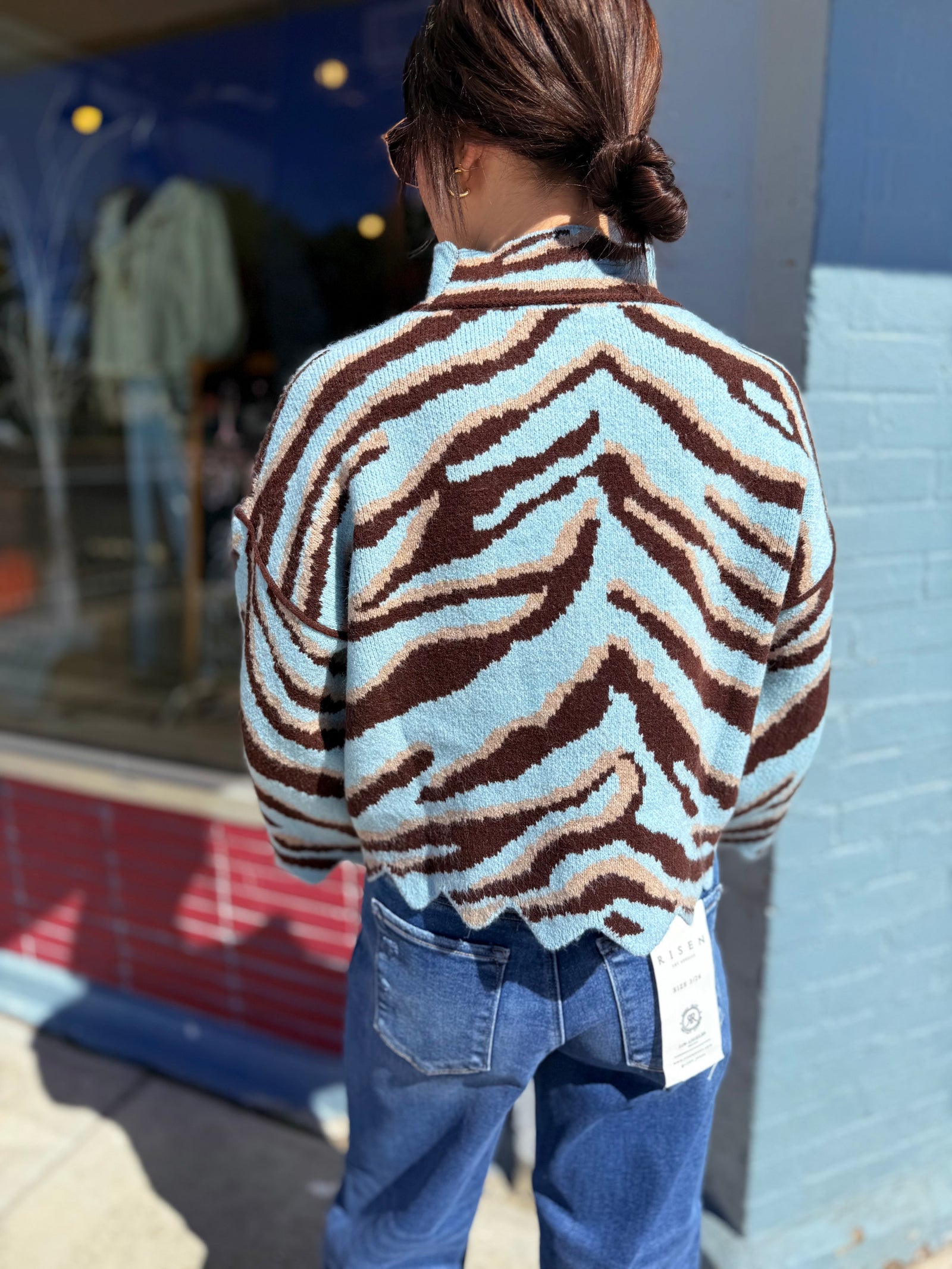 Entro Light Blue Zebra Print Mock Neck Sweater w/ Scallop Hem