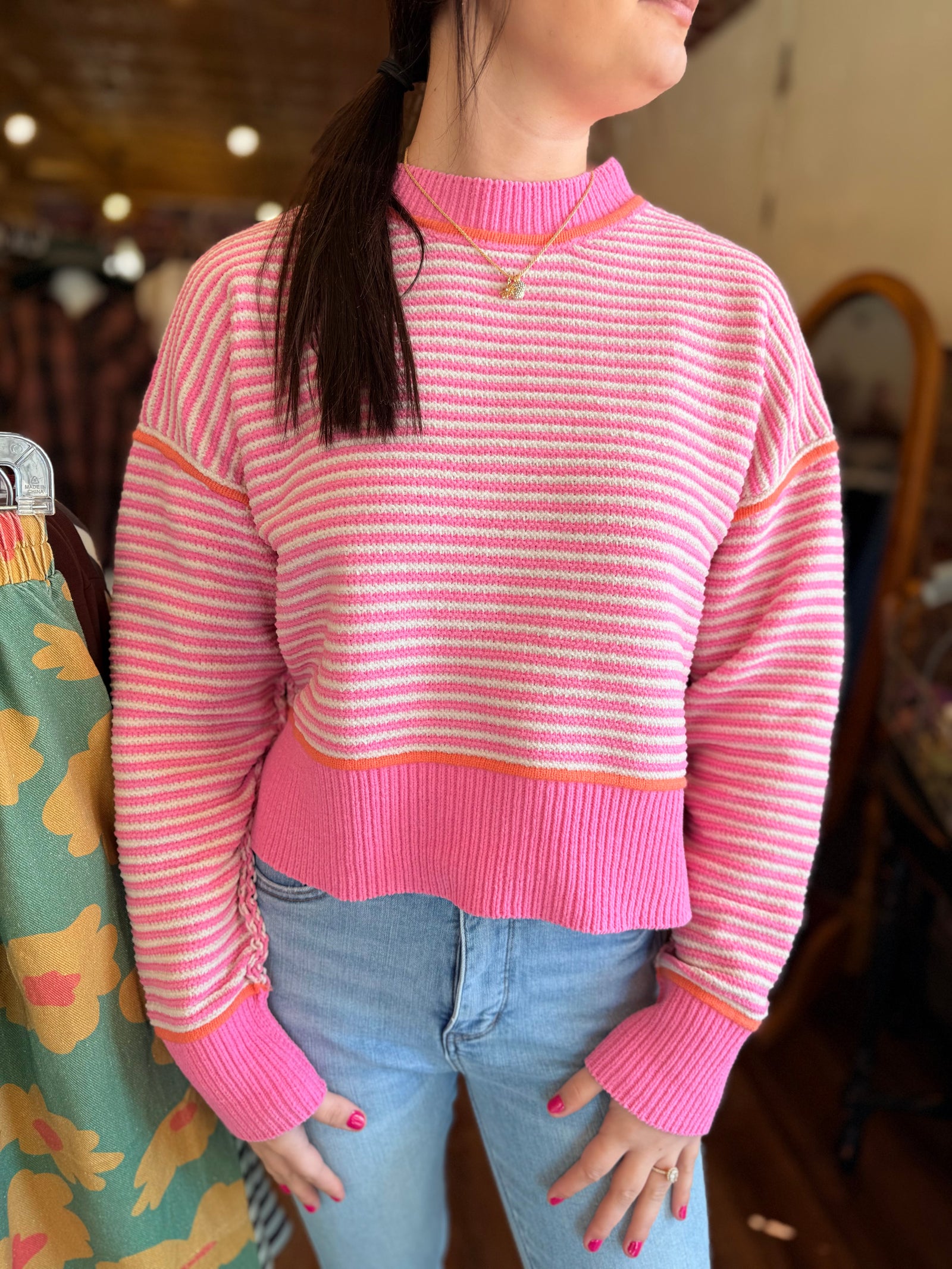 Very J Pink Stripe Sweater w/ Orange Detail