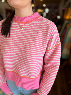 Very J Pink Stripe Sweater w/ Orange Detail