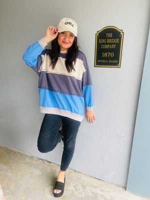 Blue Oversized Colorblock Sweatshirt