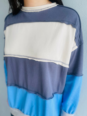 Blue Oversized Colorblock Sweatshirt