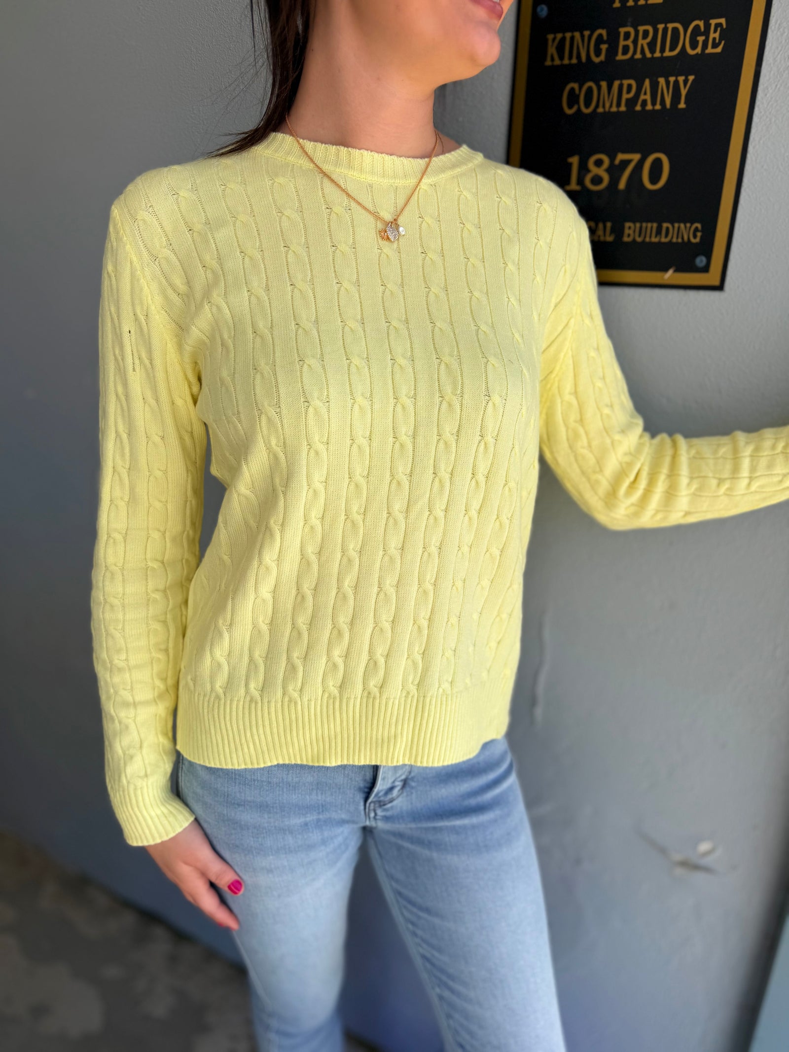She + Sky Yellow Long Sleeve Cable Knit Sweater