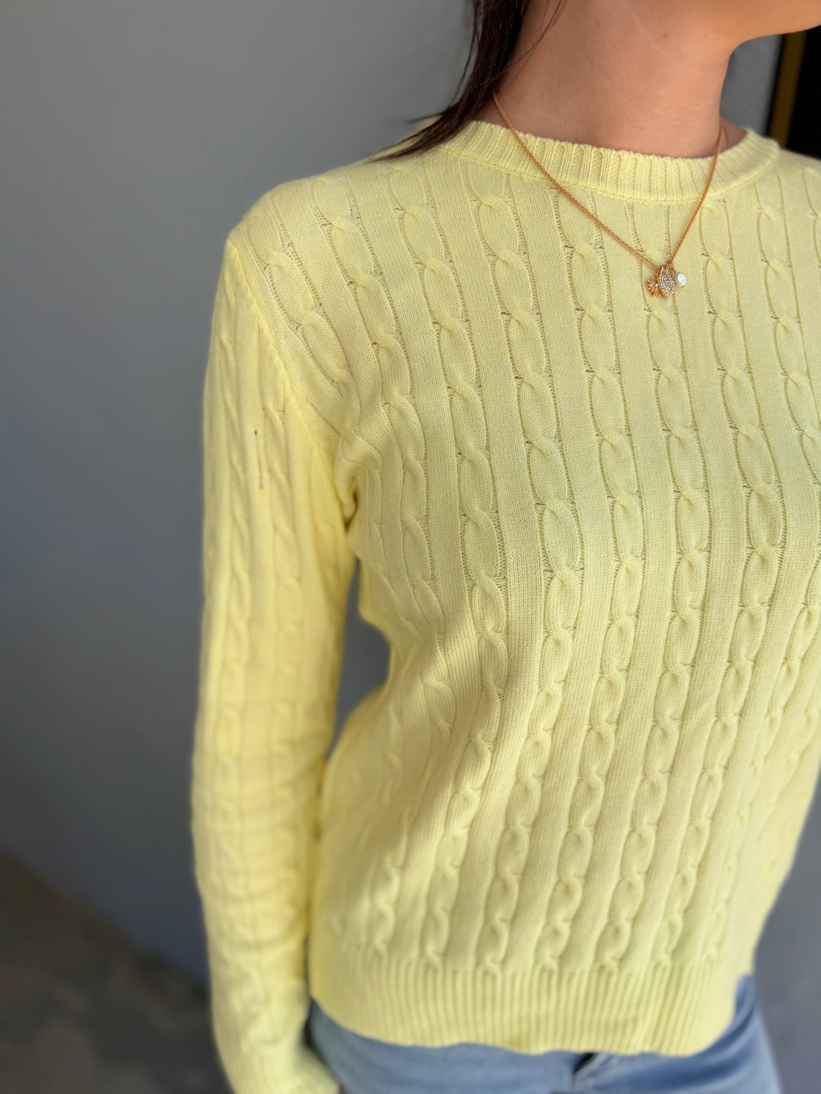 She + Sky Yellow Long Sleeve Cable Knit Sweater