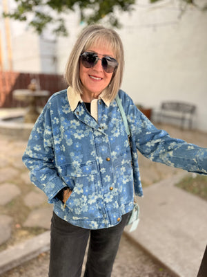 Denim Floral Snap Front Jacket w/ Corduroy Collar