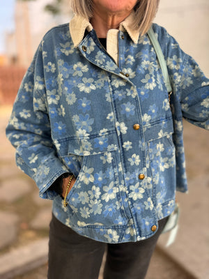 Denim Floral Snap Front Jacket w/ Corduroy Collar