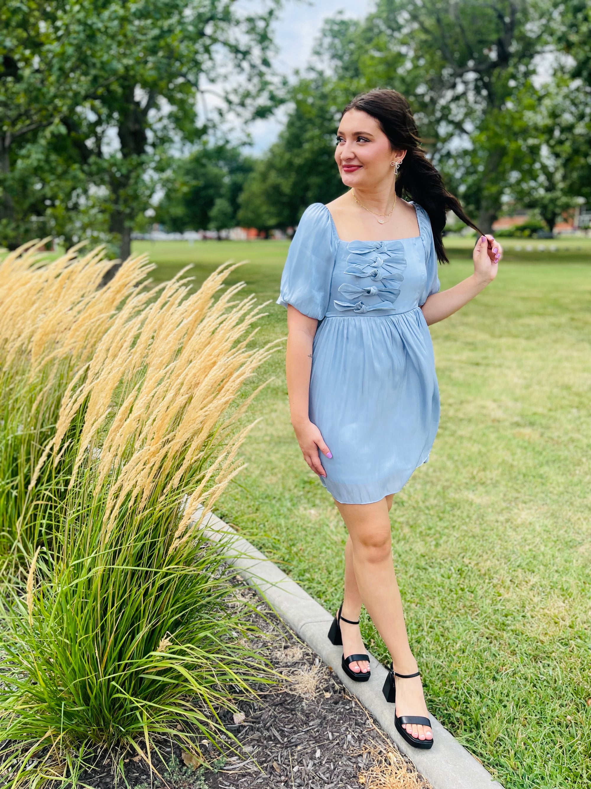 Blue Shiny Bow Detail Dress