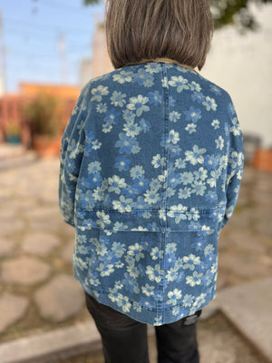 Denim Floral Snap Front Jacket w/ Corduroy Collar
