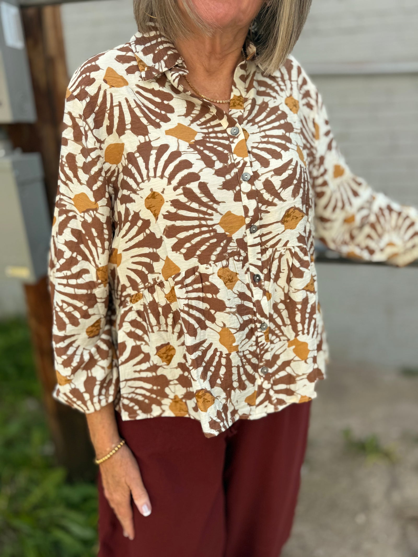 Light Mocha Floral Print Long Sleeve Button Up Top