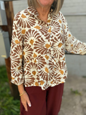 Light Mocha Floral Print Long Sleeve Button Up Top