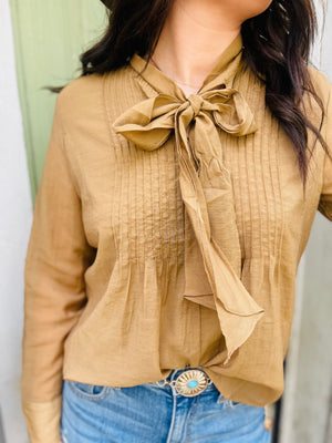 Cinnamon Pintuck Tie Top Blouse