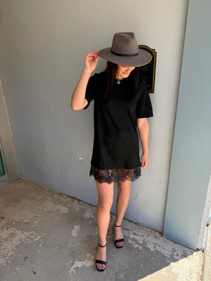 Very J Black Suede Mini Dress w/ Lace Hem