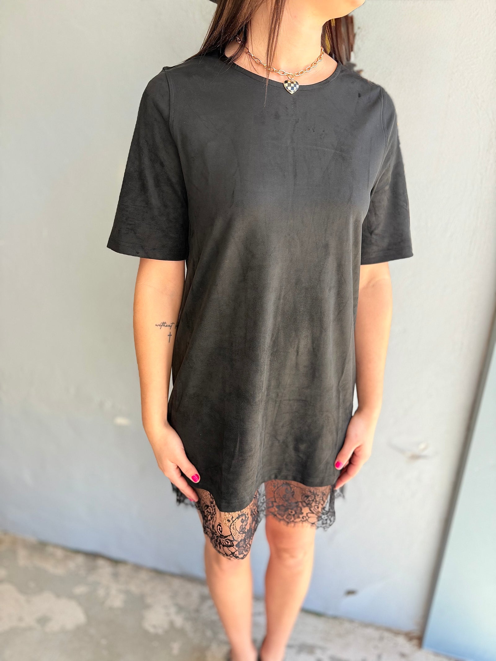 Very J Black Suede Mini Dress w/ Lace Hem