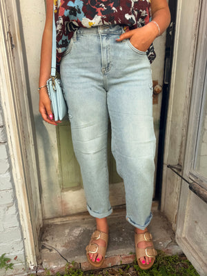 Risen Light Wash Slouchy Barrel Jean w/ Flower Patches