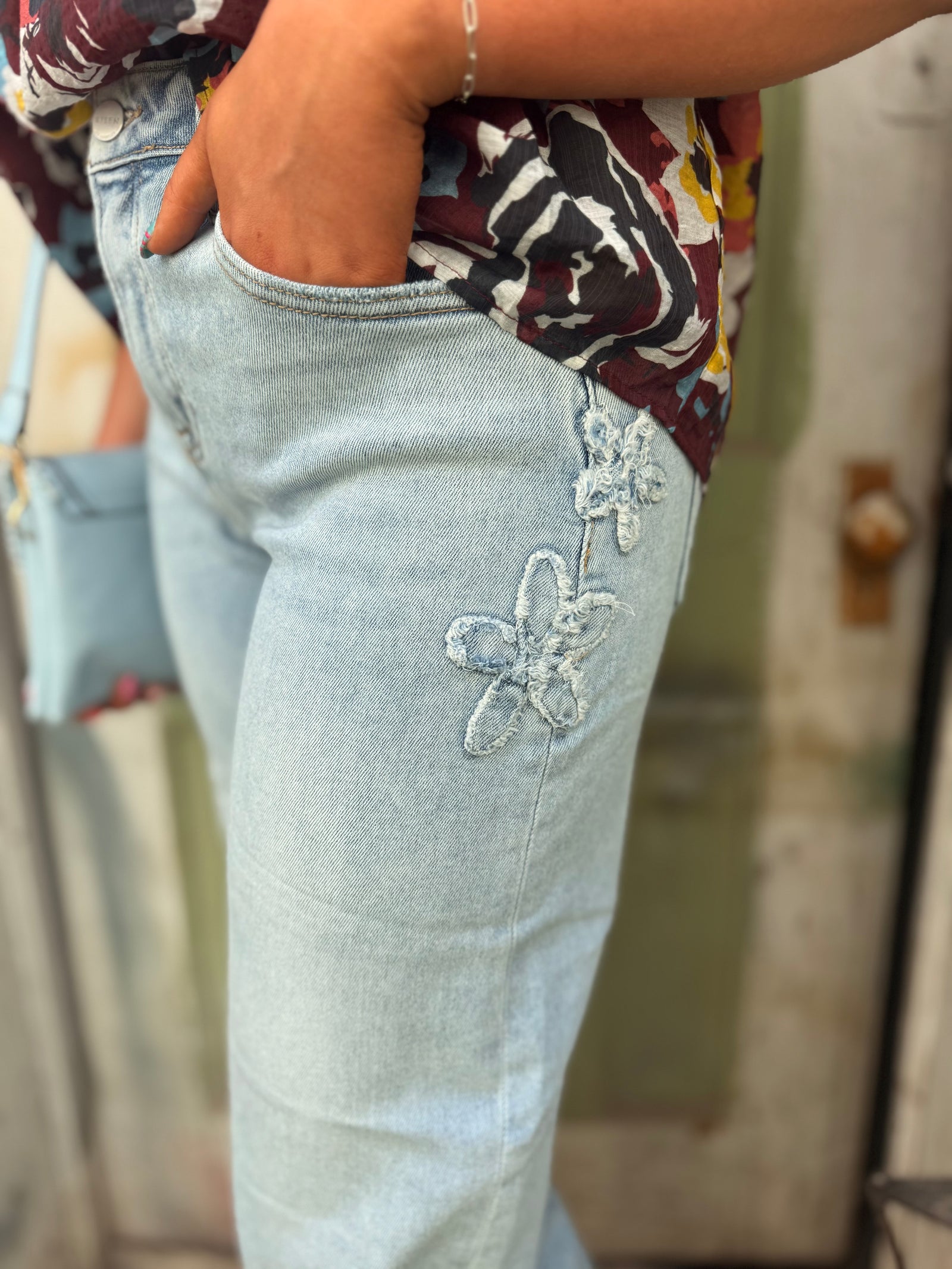 Risen Light Wash Slouchy Barrel Jean w/ Flower Patches