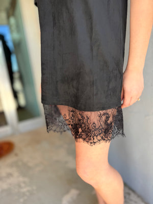Very J Black Suede Mini Dress w/ Lace Hem