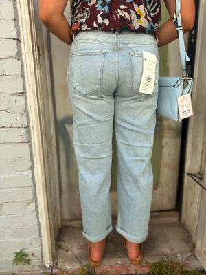 Risen Light Wash Slouchy Barrel Jean w/ Flower Patches