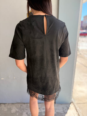 Very J Black Suede Mini Dress w/ Lace Hem