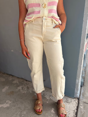 Risen Ivory High Waist Cuffed Barrel Jeans