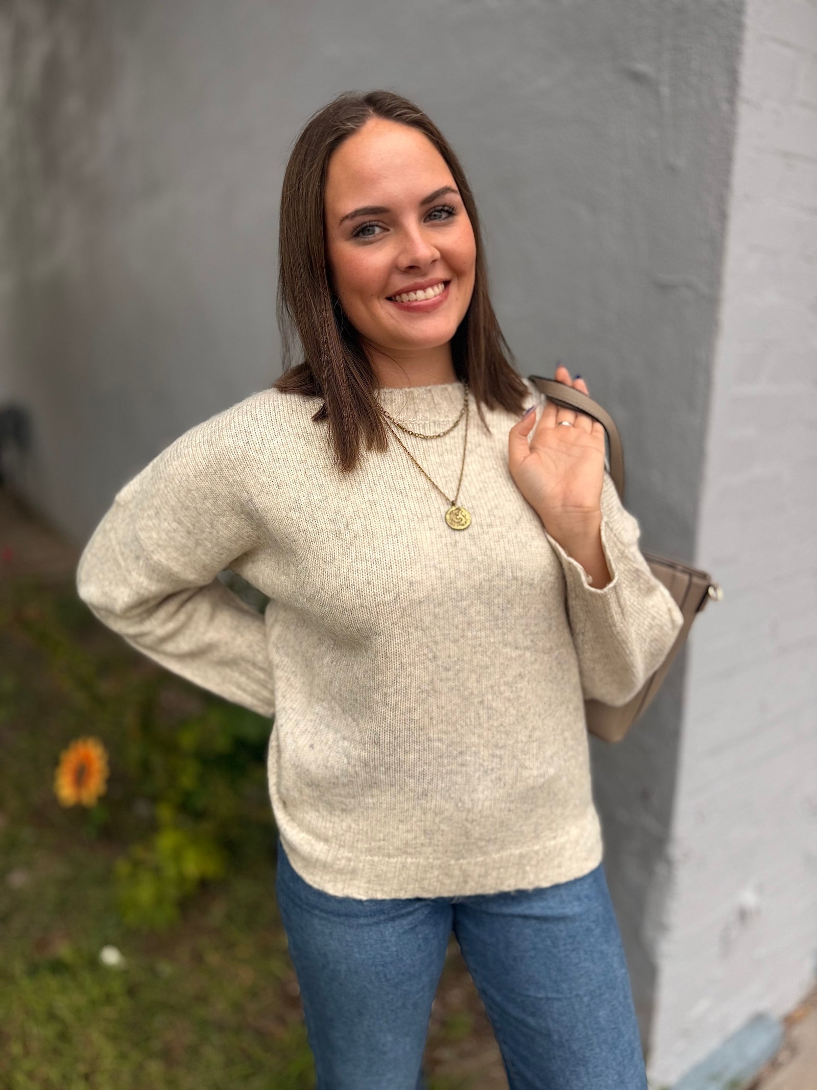 Heathered Cream Round Neck Sweater