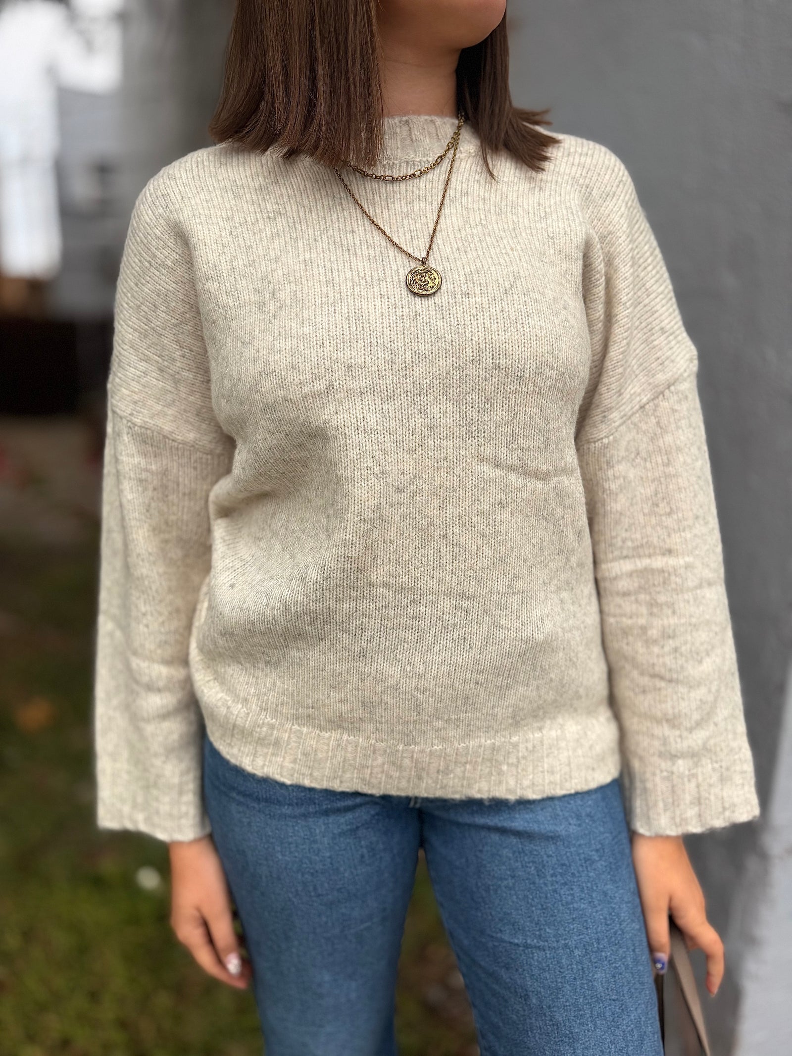Heathered Cream Round Neck Sweater