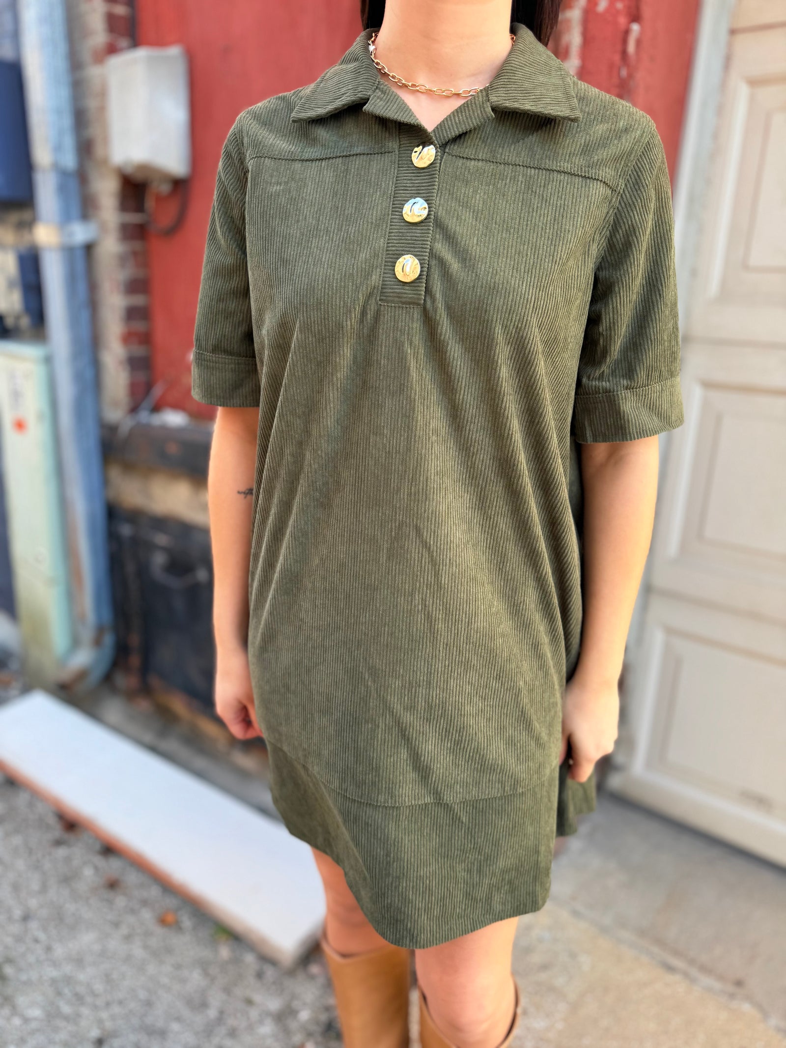 She + Sky Olive Corduroy Collared Mini Dress w/ Gold Buttons