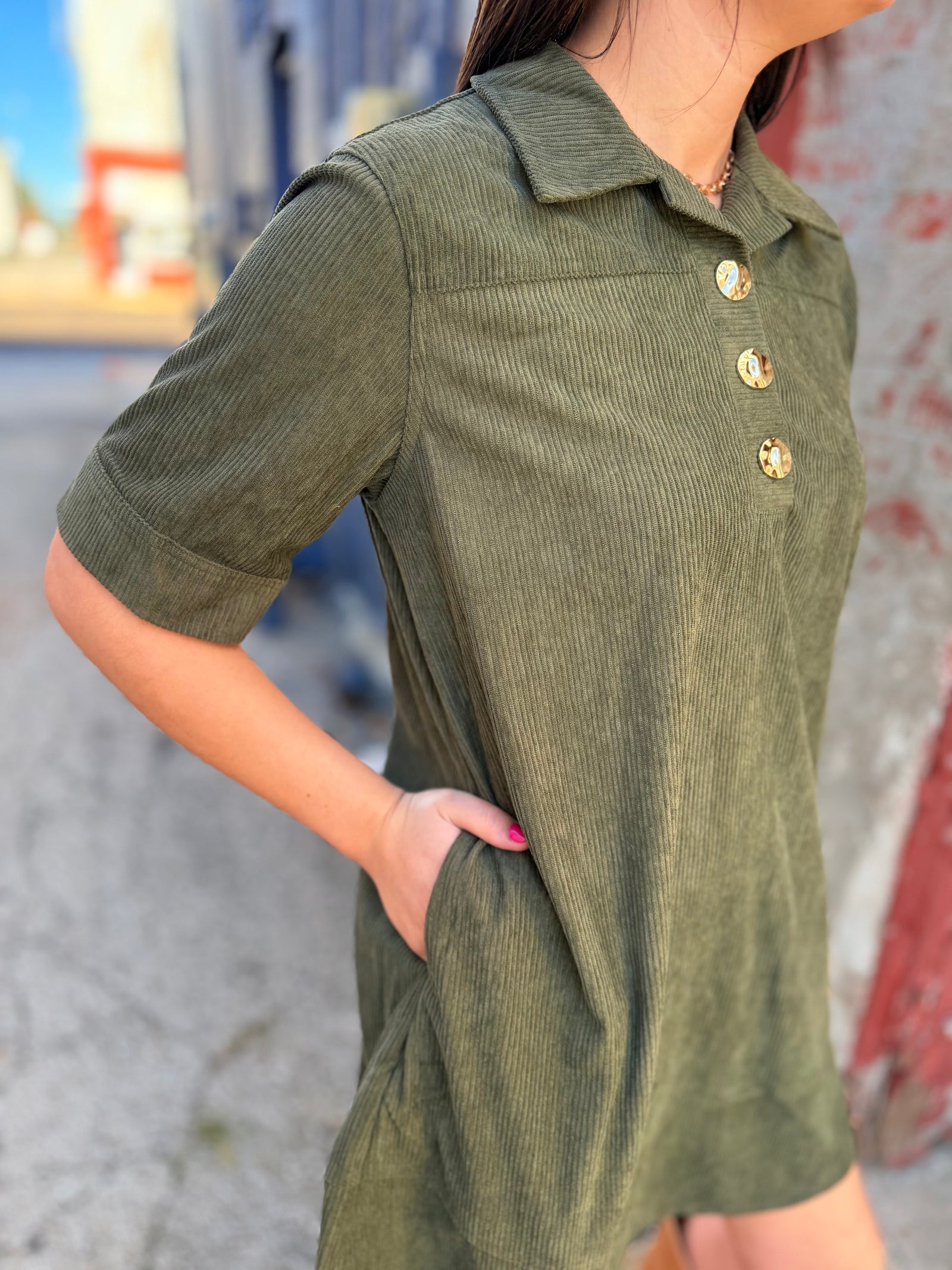 She + Sky Olive Corduroy Collared Mini Dress w/ Gold Buttons