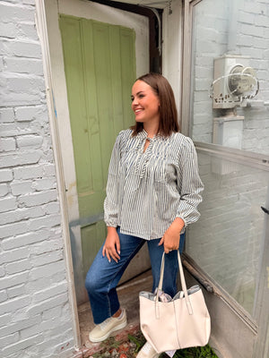 Teal Stripe Long Sleeve Front Tie Blouse