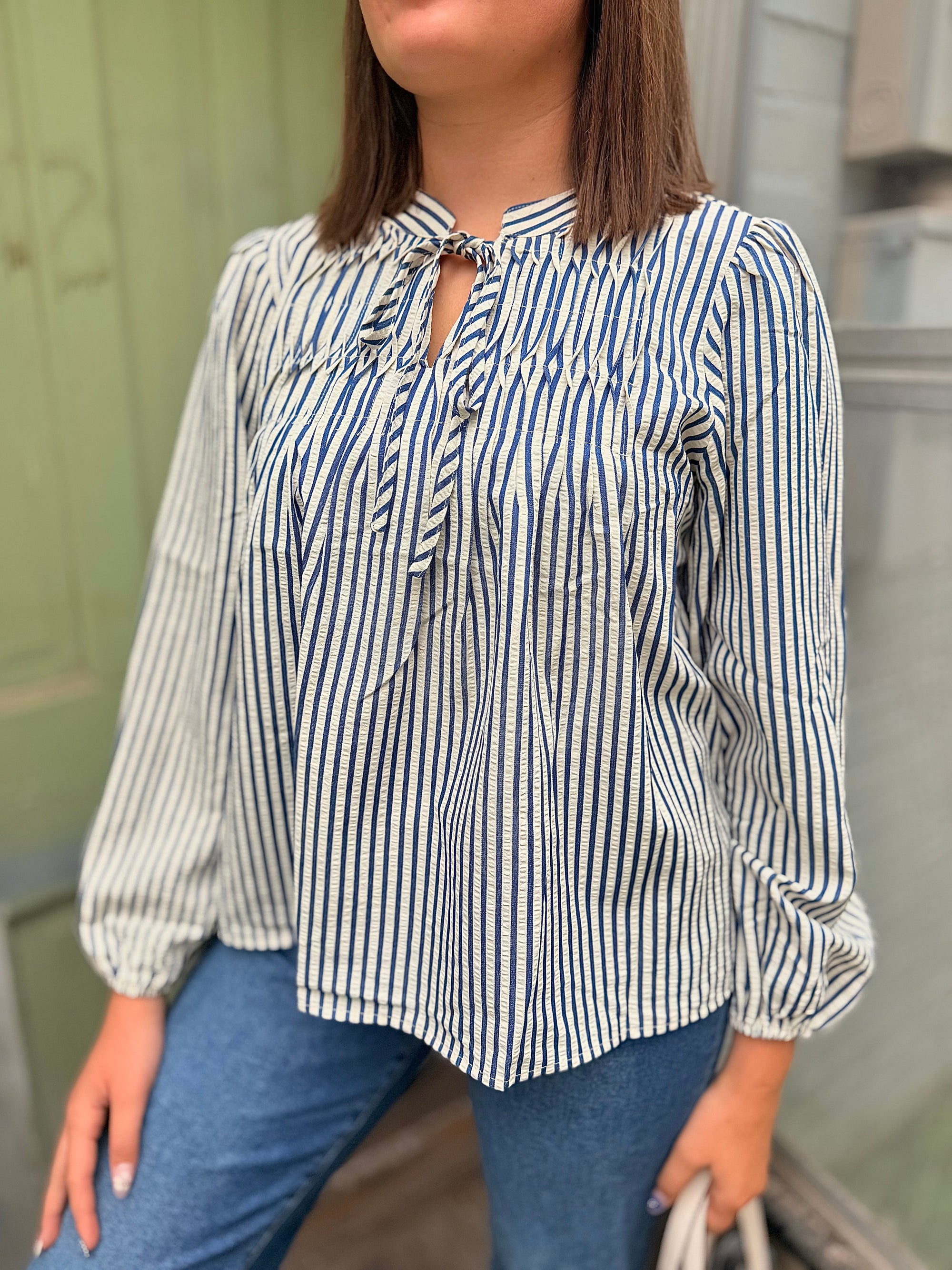 Teal Stripe Long Sleeve Front Tie Blouse