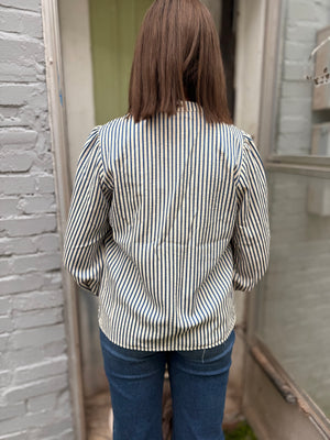 Teal Stripe Long Sleeve Front Tie Blouse