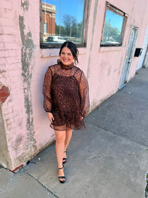 Entro Leopard Print Sheer Mini Dress w/ Tie Neck + Balloon Sleeve