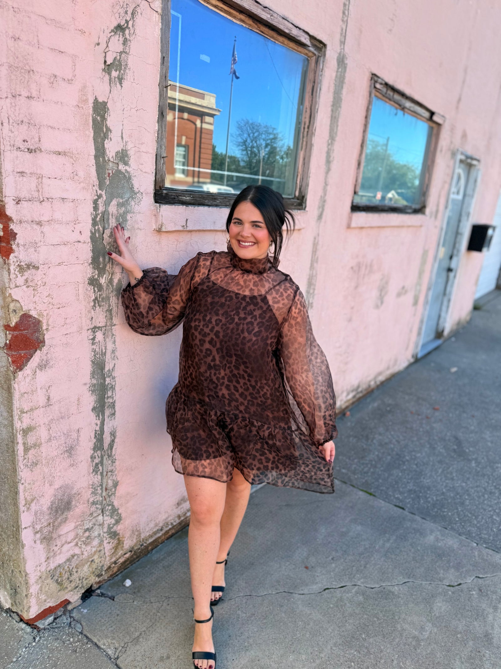 Entro Leopard Print Sheer Mini Dress w/ Tie Neck + Balloon Sleeve