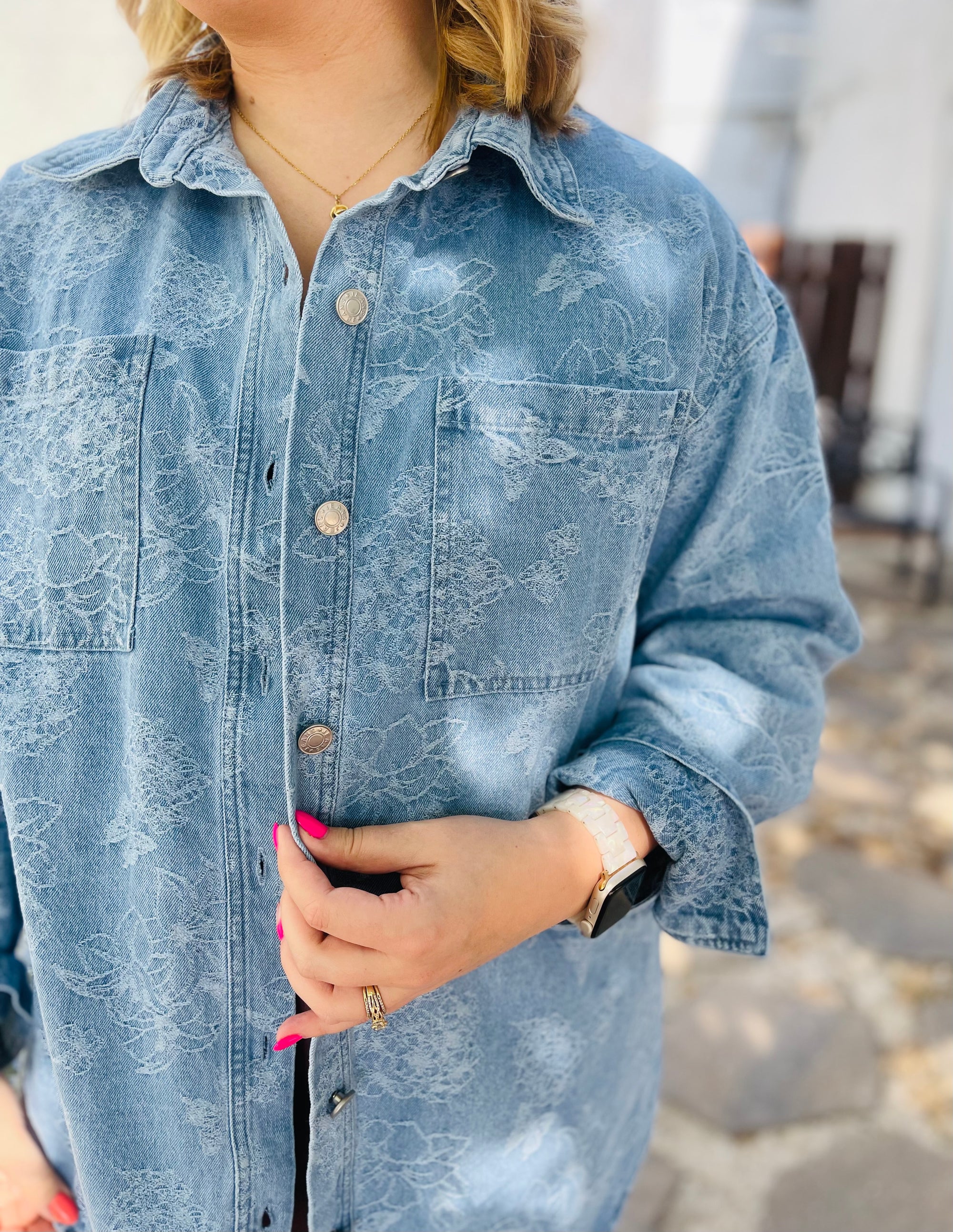 Oversized Washed Floral Denim Shacket