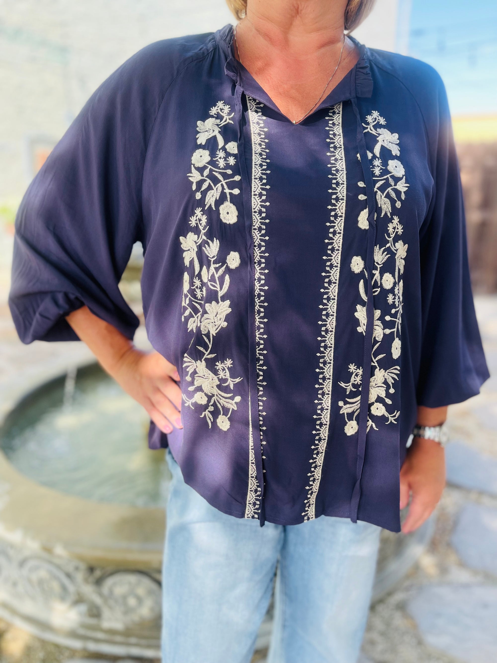 Dusty Navy Embroidered Long Sleeve Top