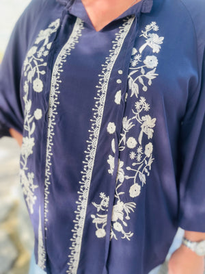 Dusty Navy Embroidered Long Sleeve Top