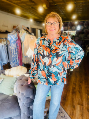 Orange And Blue Tropical Print Blouse