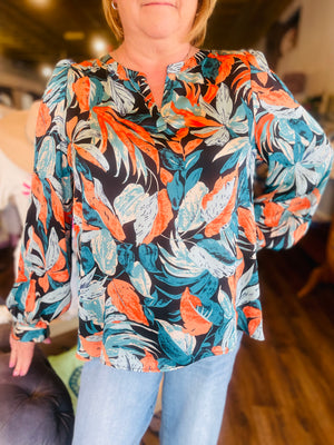 Orange And Blue Tropical Print Blouse