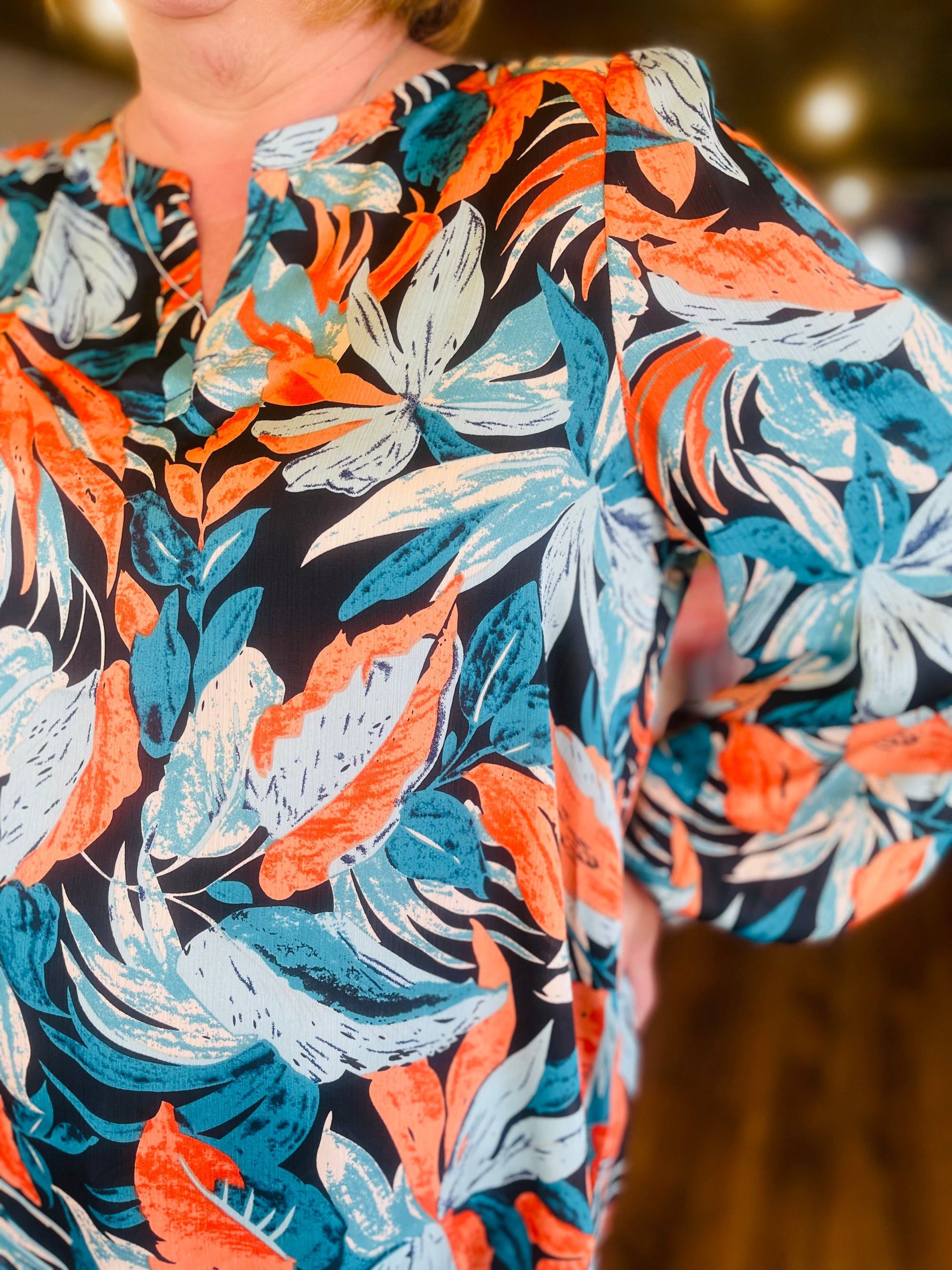 Orange And Blue Tropical Print Blouse