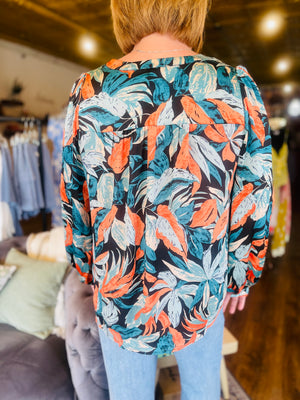 Orange And Blue Tropical Print Blouse