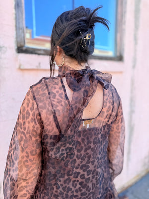 Entro Leopard Print Sheer Mini Dress w/ Tie Neck + Balloon Sleeve