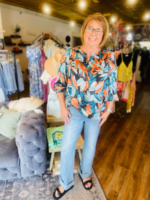 Orange And Blue Tropical Print Blouse