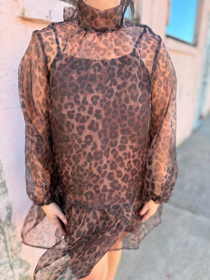 Entro Leopard Print Sheer Mini Dress w/ Tie Neck + Balloon Sleeve