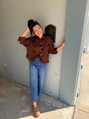 Entro Brown Polka Satin Button Down Top